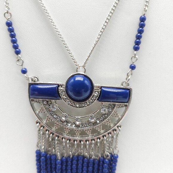 Boho Inspired Blue Beaded Silver Statement Necklace Layered Fringe Design - Picture 2 of 7